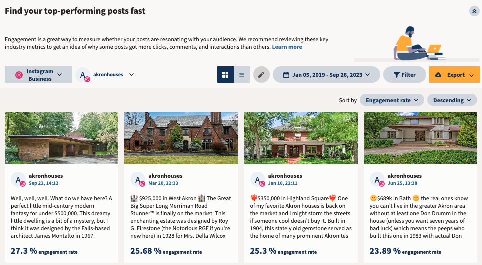 screenshot of hootsuite analytics showing engagement rate tracked per post