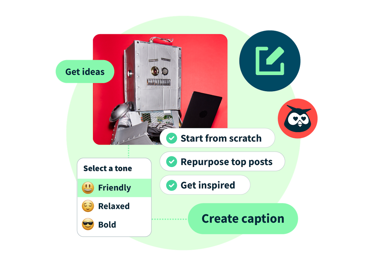 Gráfico de robô mostrando os recursos de IA do OwlyWriter da Hootsuite