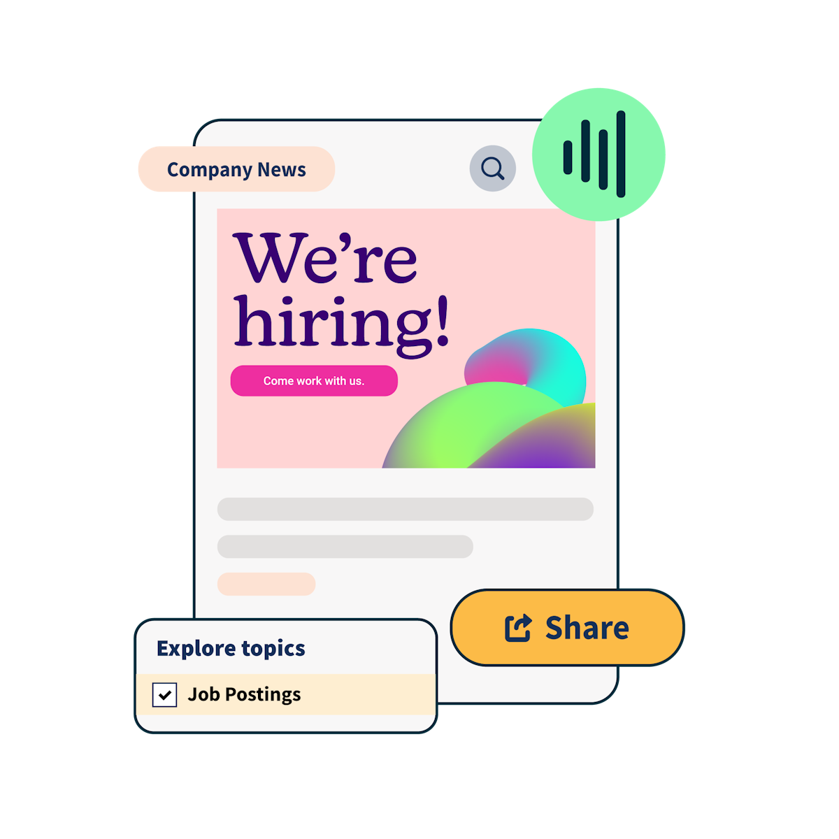 Social media post that reads "we're hiring" with share button