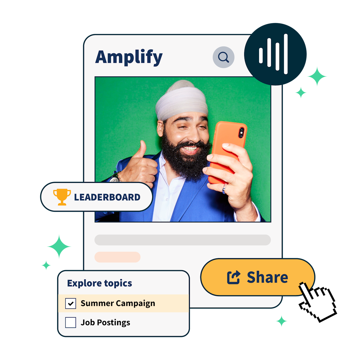 Homem olhando para o celular e fazendo sinal de positivo com o painel de controle do Amplify