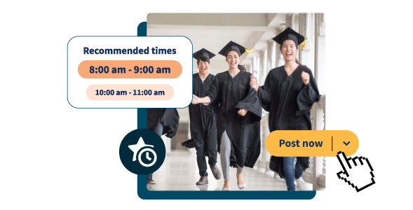 Hootsuite product shot with students in their graduation gowns in the background