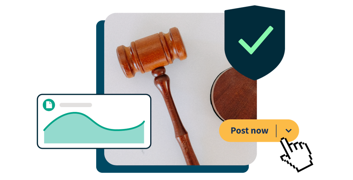 Image of a gavel with social media graphics