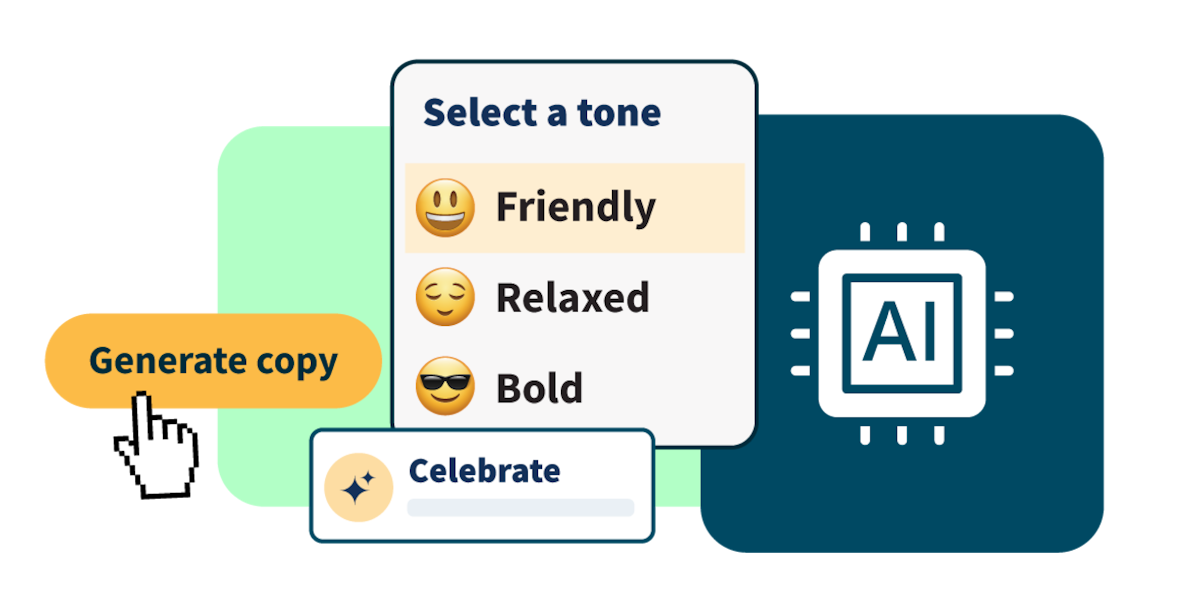 Grafica che mostra lo strumento di scrittura AI di Hootsuite con menu a discesa