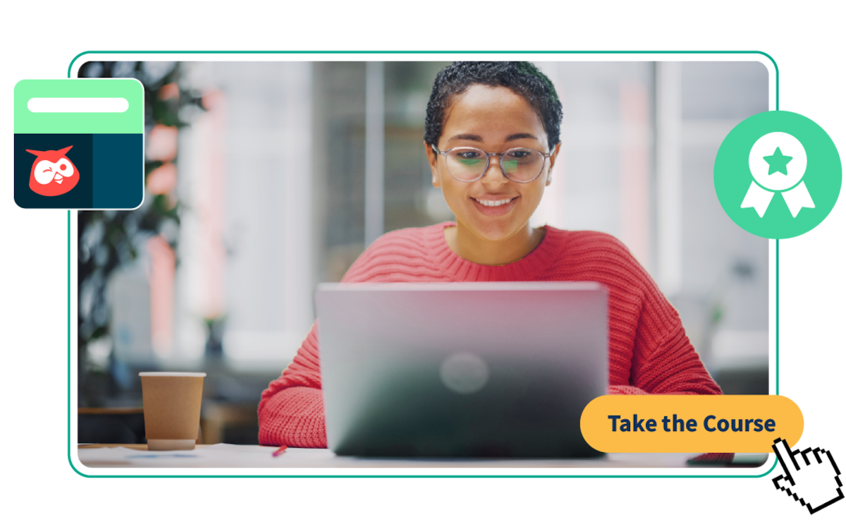 Woman working on laptop with Owly and badge icon