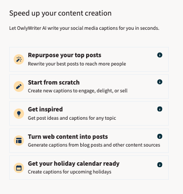 Screenshot of OwlyWriter dashboard showing how to generate captions from scratch