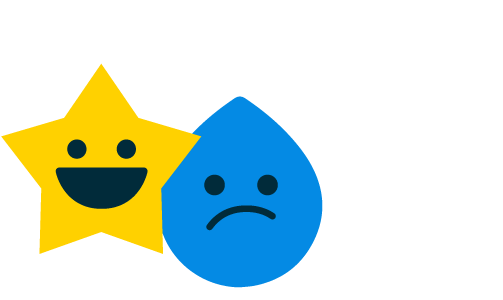 dessin d'une étoile jaune avec un visage souriant et d'une goutte d'eau bleue avec un visage triste