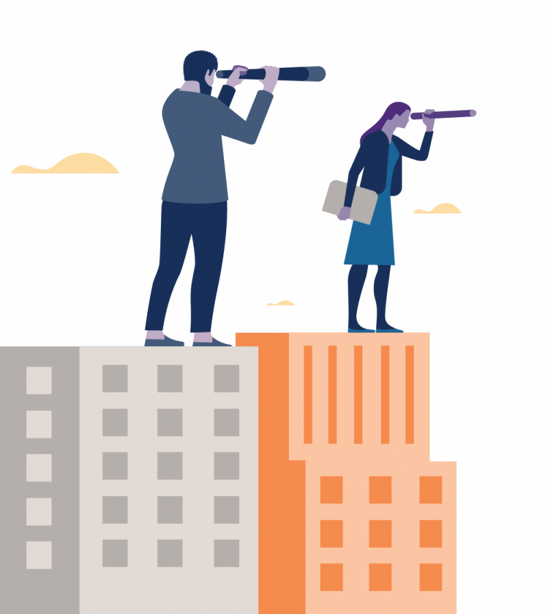 a graphic of a man and woman looking through binoculars on top of a building.