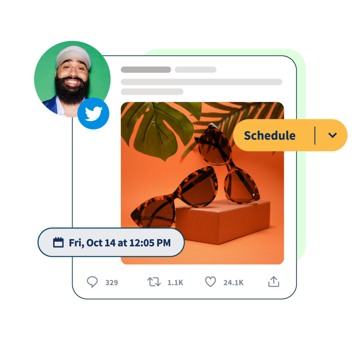 Twitter post with sunglasses photo and scheduling pop ups