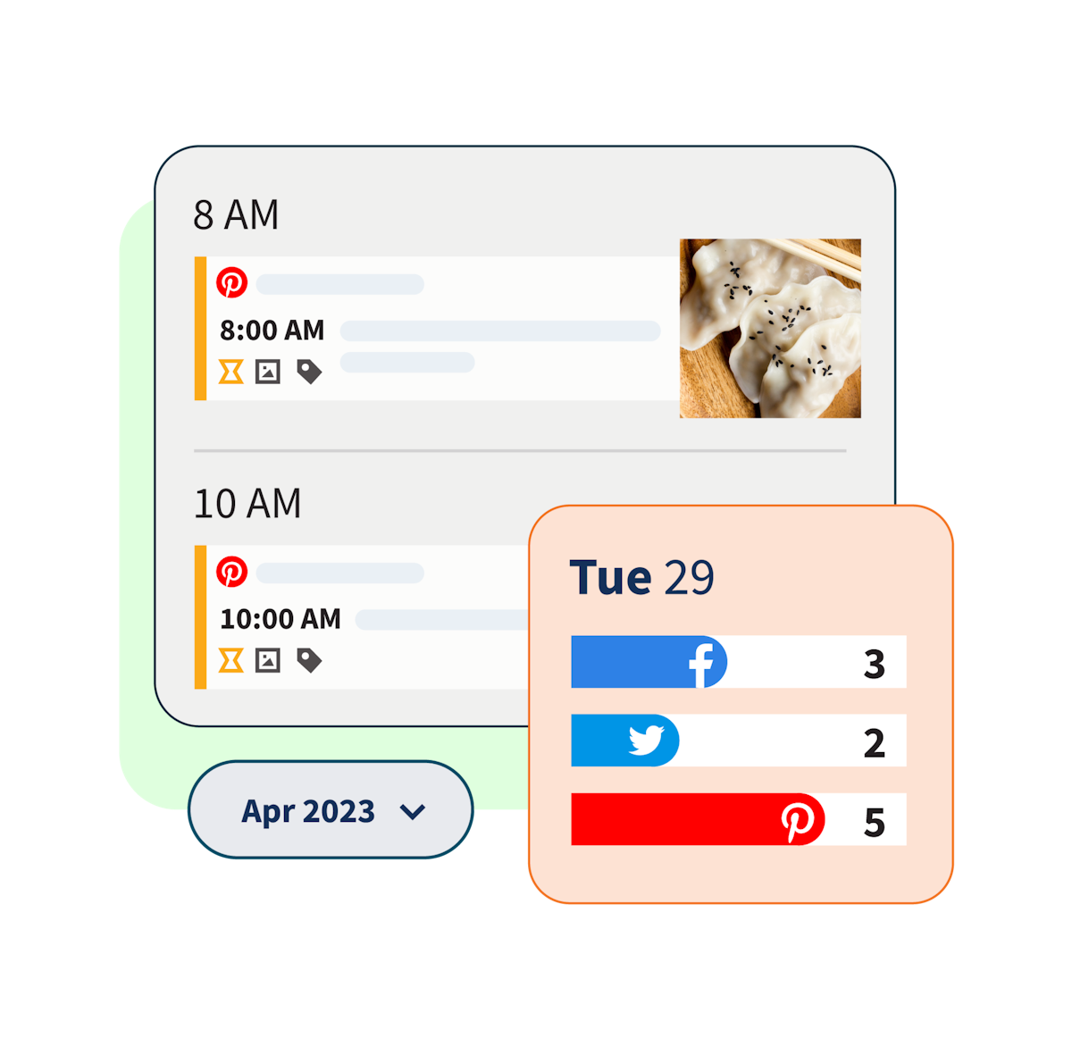 Illustration of a notification feed with Pinterest logo and dumpling picture, along with social media sliders