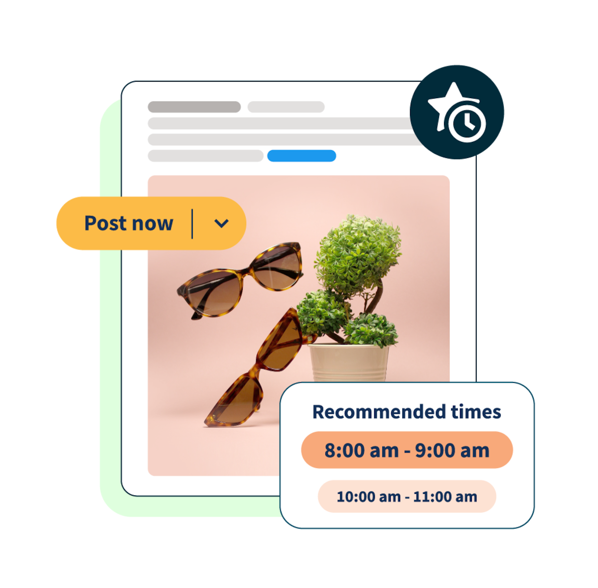 post sui social media di occhiali da sole con i pop-up &quot;orari consigliati&quot; e &quot;pubblica ora&quot;