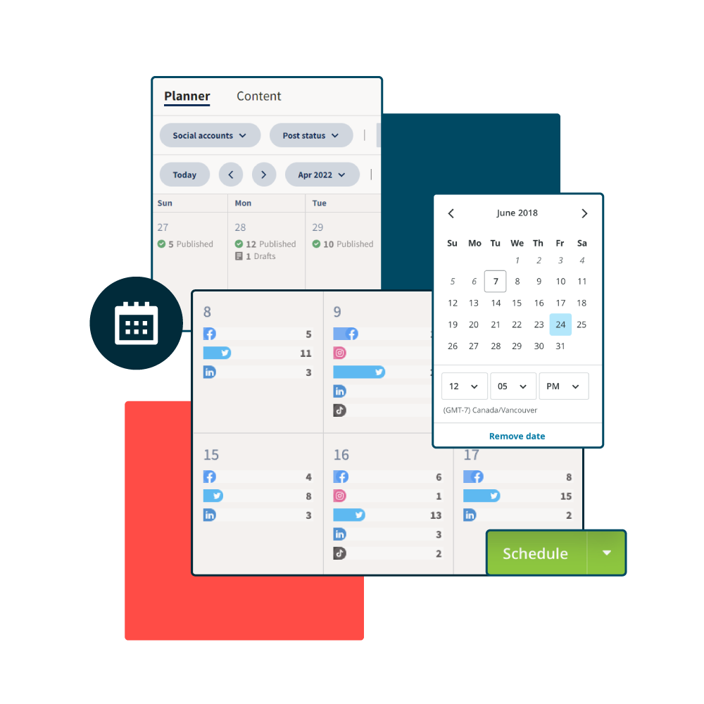 A screenshot of the Hootsuite dashboard that shows the calendar and schedule.