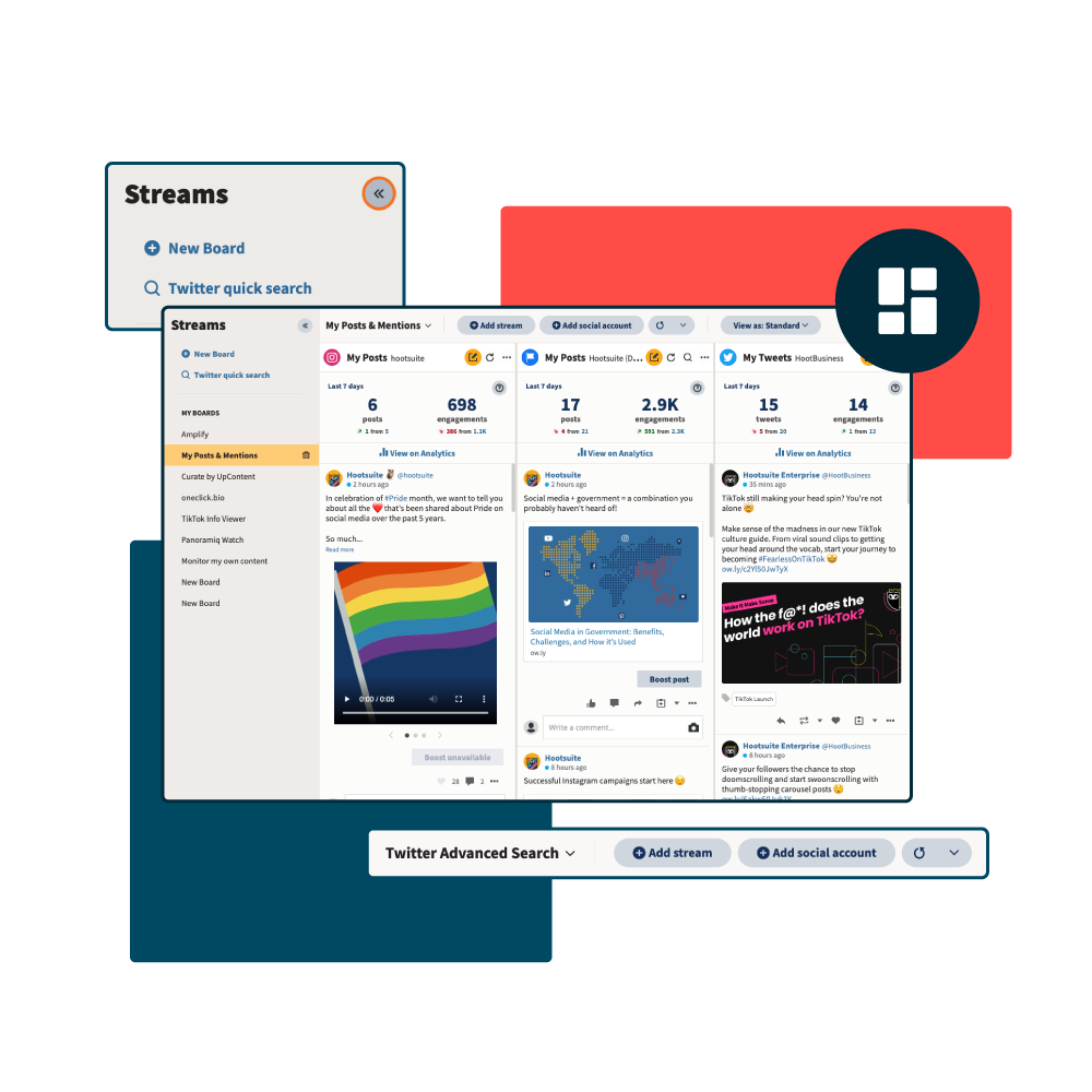 A screenshot of the Hootsuite dashboard stream management system.